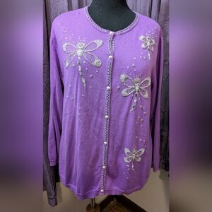Beaded Dragonfly Embellished Purple Cardigan Sweater 1X